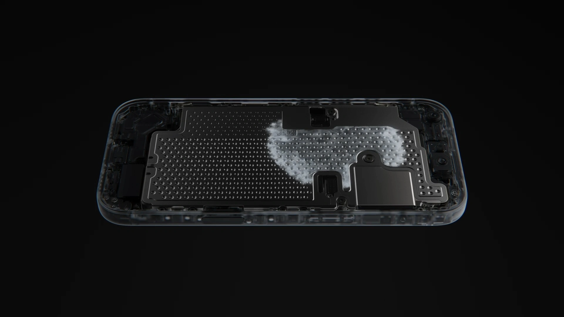 A20 Pro vs. A19 Pro: Apples Darstellung der Dampfkammer in einem iPhone, bei der sich Dampf über die Kühlplatte verteilt