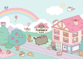 Apple Arcade Oktober 2026: gezeichnete Dorfszene aus Pusheen's Place mit Katzenfiguren, Haus und Regenbogen