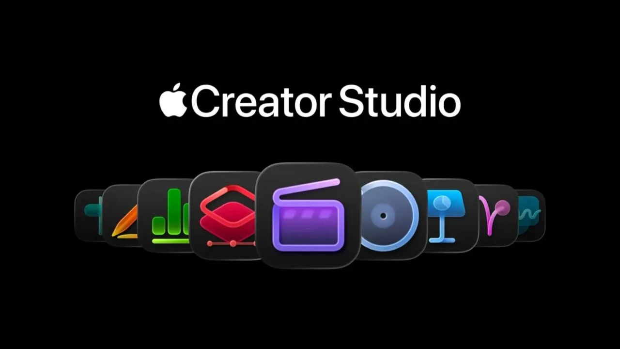 Apple Creator Studio Schriftzug über einer Reihe von App-Icons mit Final Cut Pro in der Mitte auf schwarzem Hintergrund