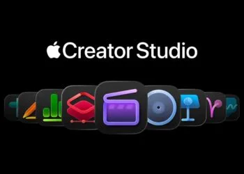 Apple Creator Studio Schriftzug über einer Reihe von App-Icons mit Final Cut Pro in der Mitte auf schwarzem Hintergrund
