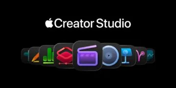 Apple Creator Studio Schriftzug über einer Reihe von App-Icons mit Final Cut Pro in der Mitte auf schwarzem Hintergrund