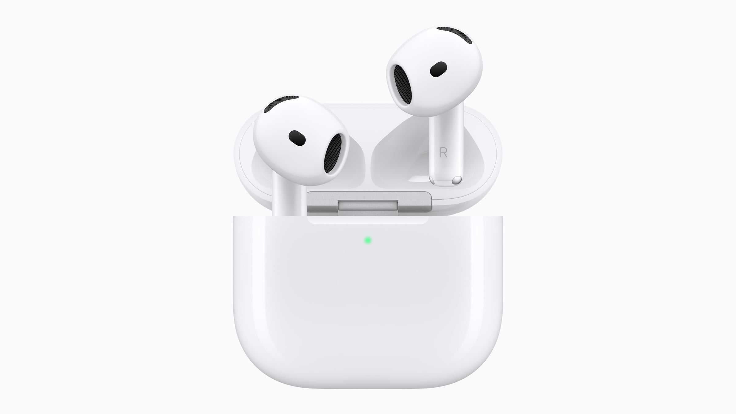 Apple event overview: white AirPods in an open charging case with a green status light