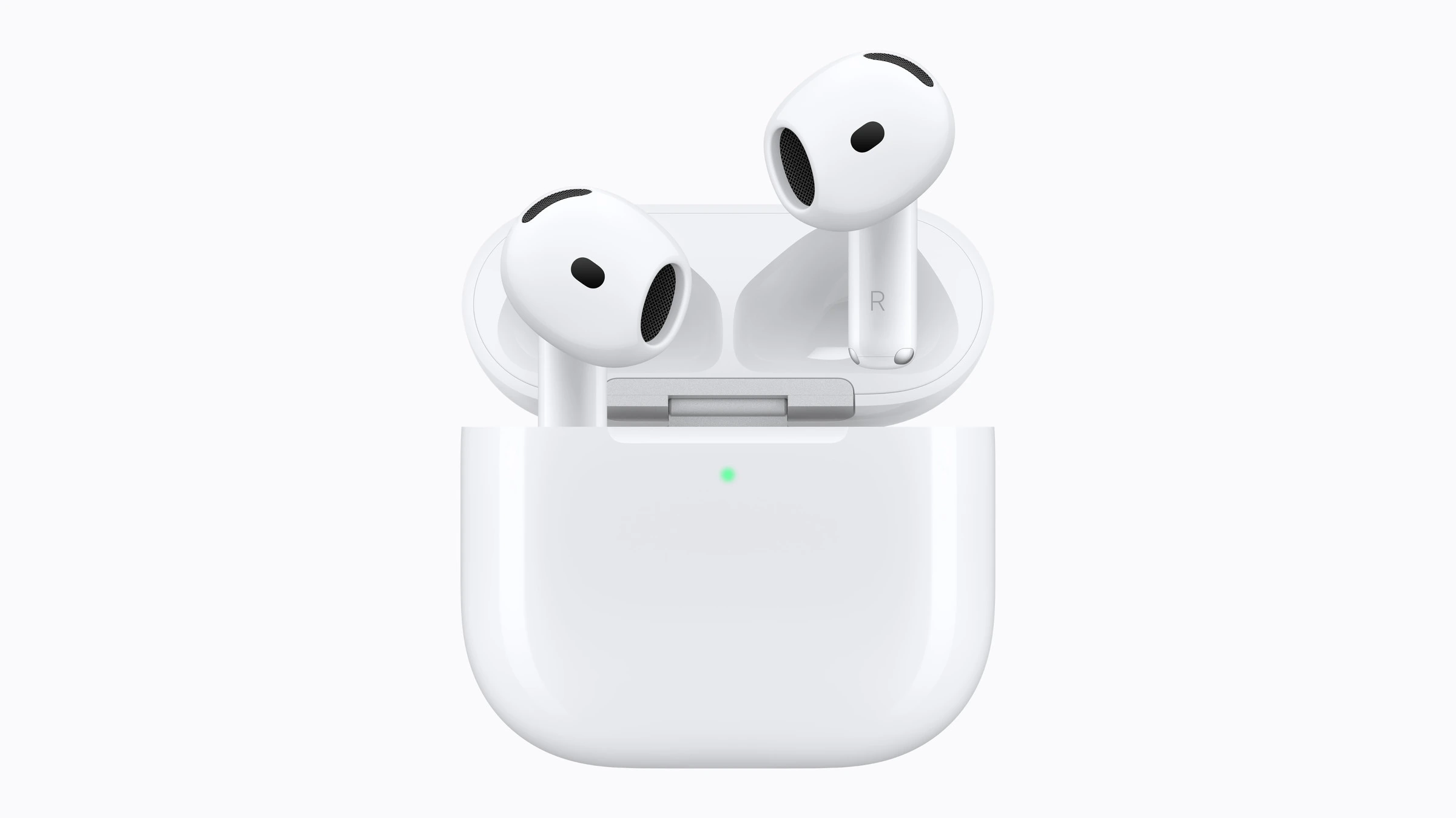 Apple Event im Überblick: weiße AirPods im geöffneten Ladecase mit grüner Statusleuchte