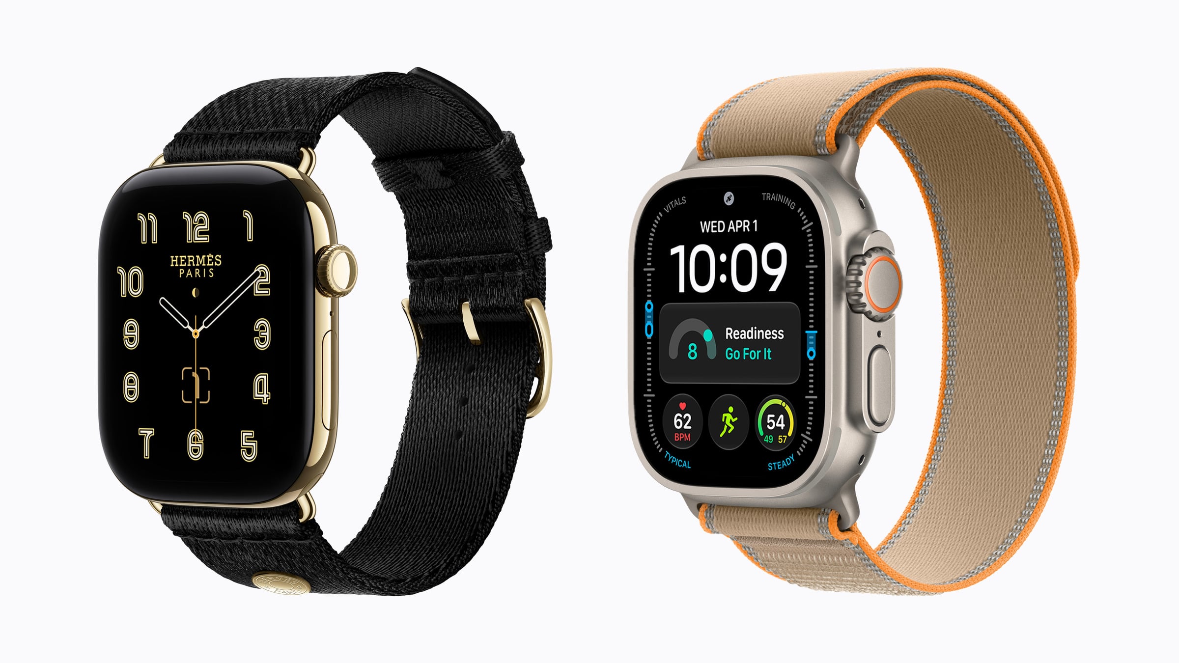 Apple event overview: two Apple Watch models side by side, one with a gold case and black band, one with a titanium case and sand band