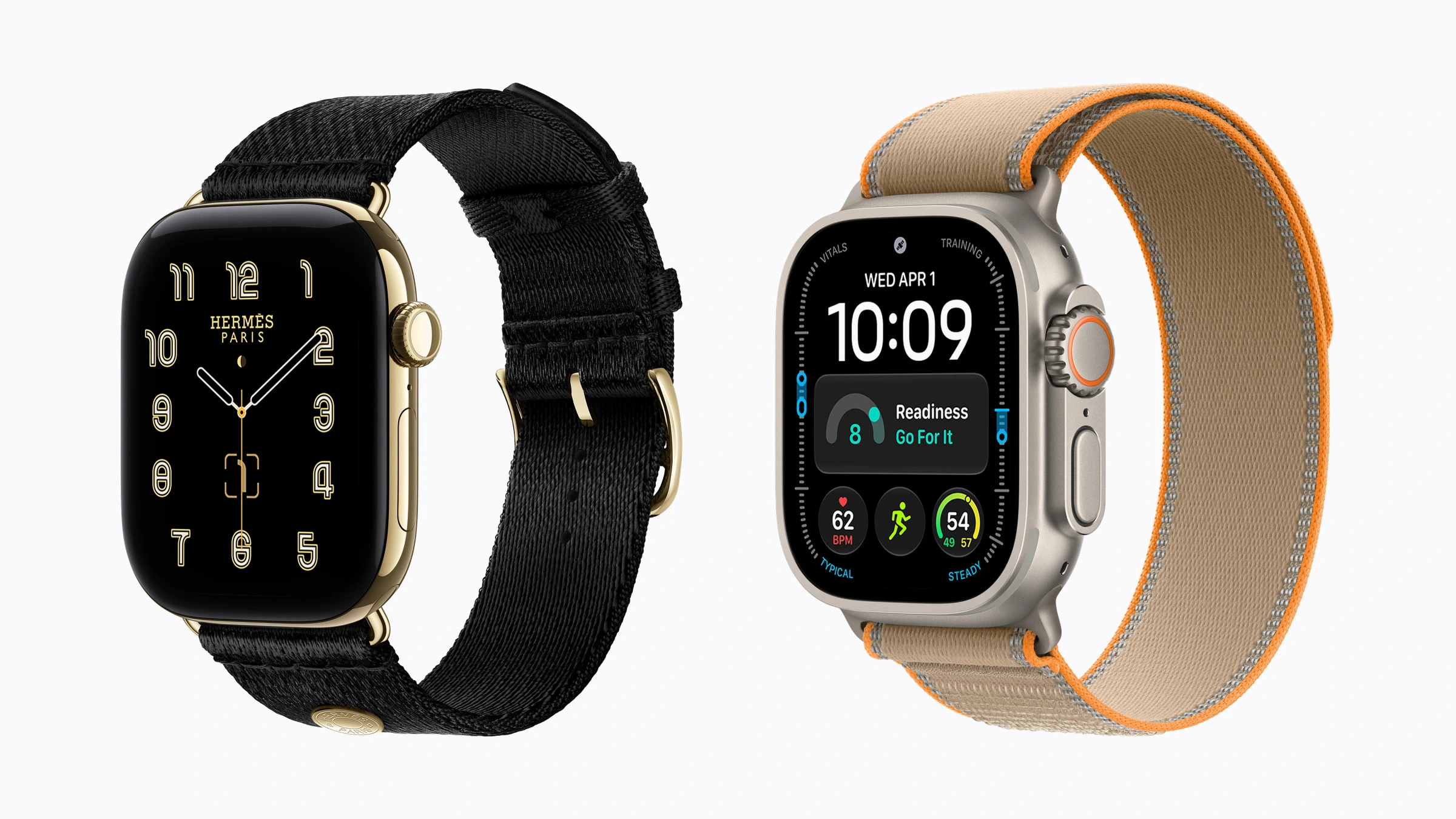 Apple Event im Überblick: zwei Apple Watch Modelle nebeneinander, links mit goldenem Gehäuse und schwarzem Armband, rechts mit Titangehäuse und sandfarbenem Armband