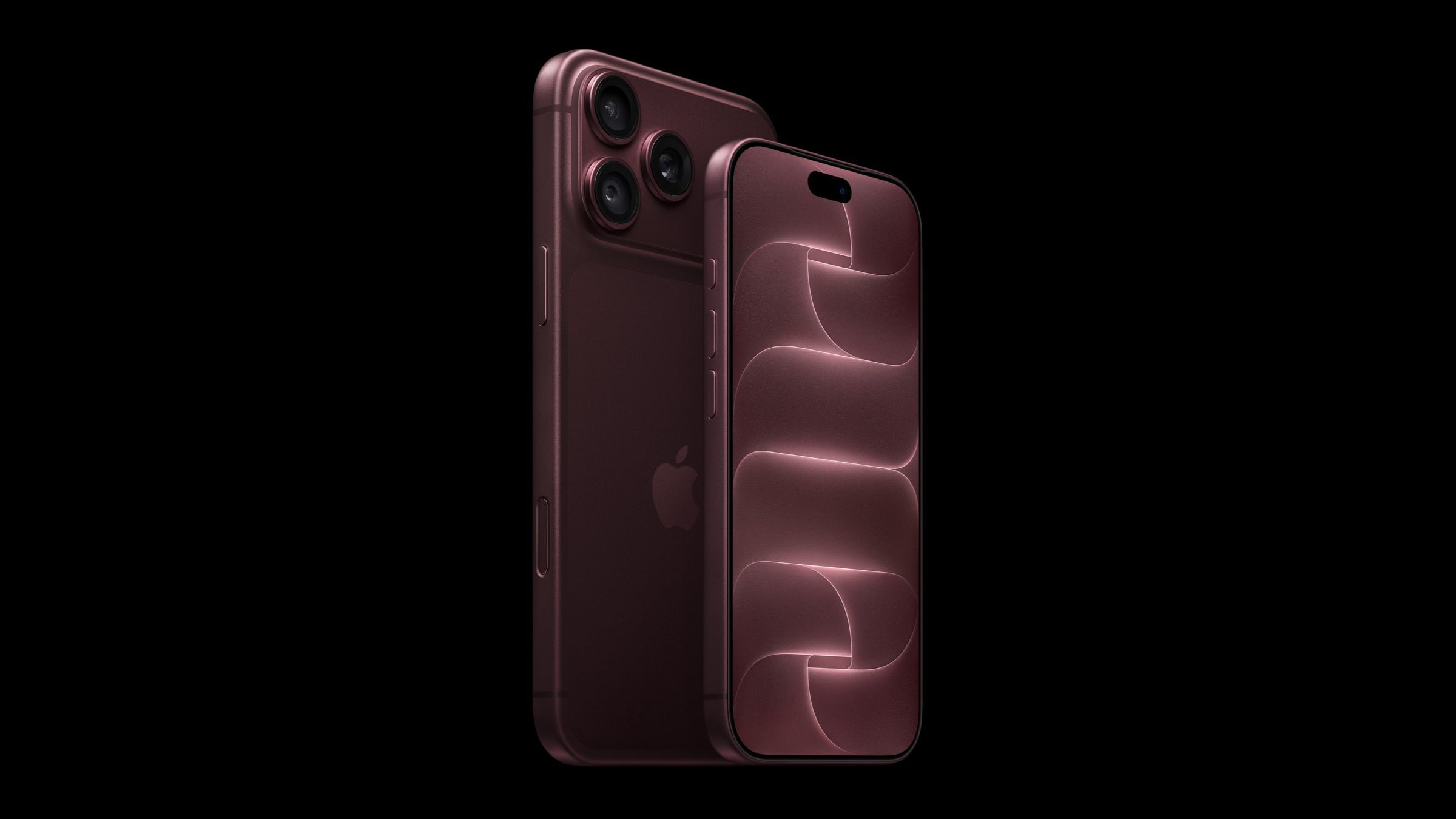 Apple event overview: two iPhone models in burgundy on a black background, showing the triple camera back and the front display