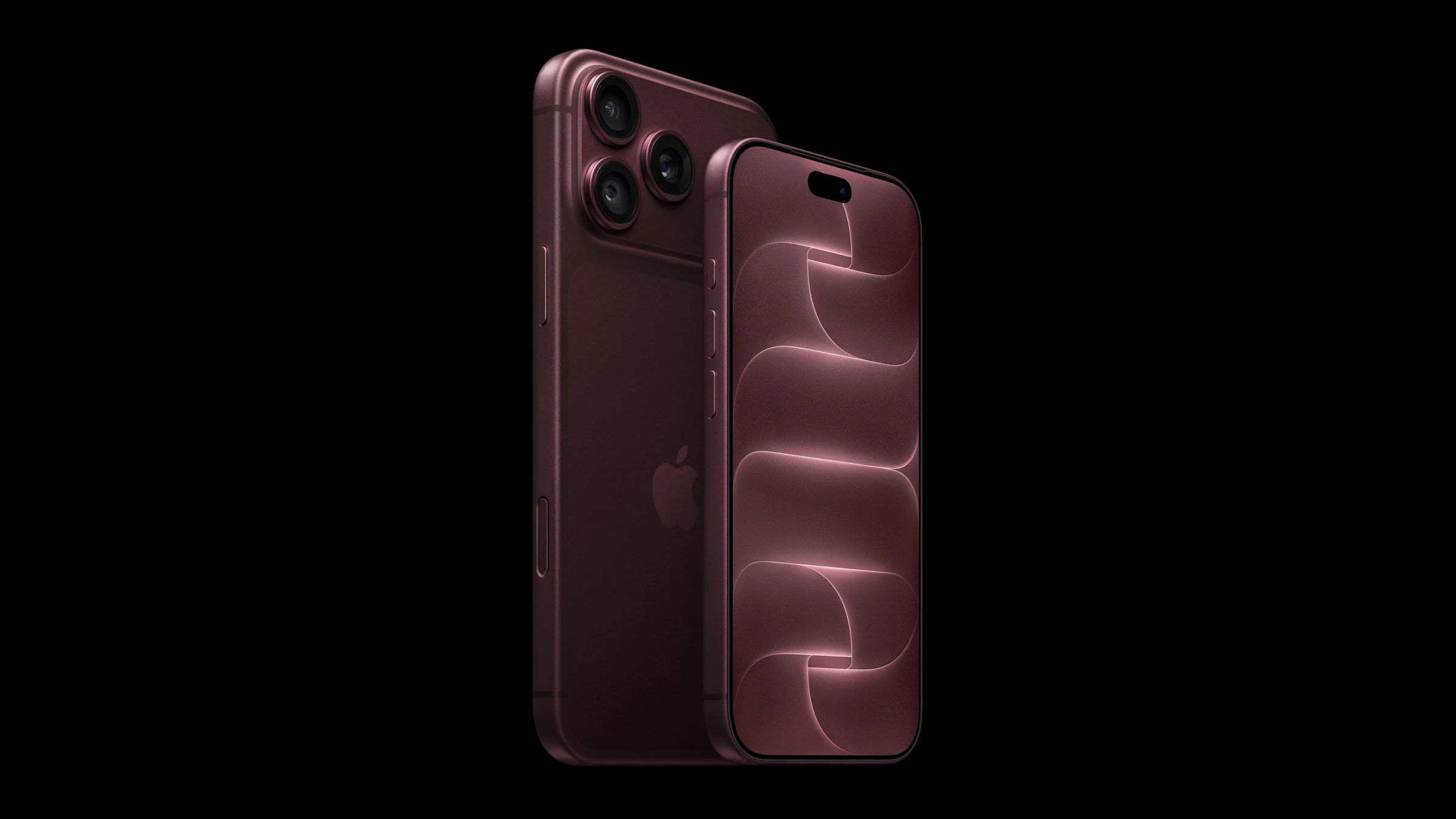 Apple Event im Überblick: zwei iPhone Modelle in Burgundy vor schwarzem Hintergrund, Rückseite mit drei Kameras und Vorderseite mit Display