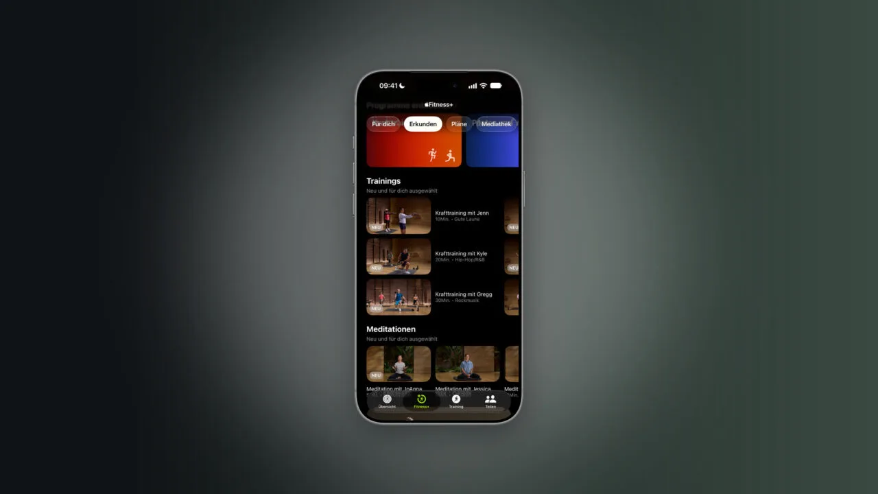 Apple Fitness+ App auf einem iPhone mit Trainings und Meditationen