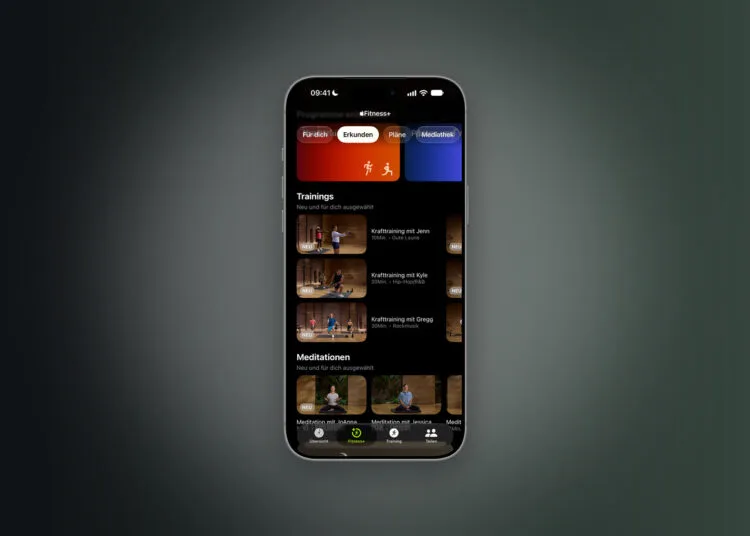 Apple Fitness+ App auf einem iPhone mit Trainings und Meditationen