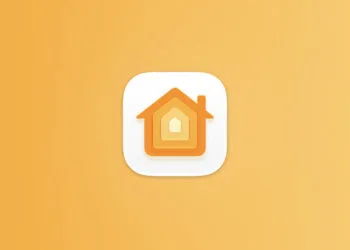 Symbolbild zu Apple HomePad: App-Icon der Home-App mit orangefarbenem Haus auf gelb-orangem Farbverlauf