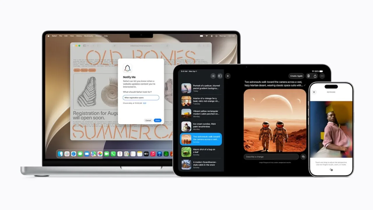 Apple Intelligence bekommt Limits: MacBook, iPad und iPhone nebeneinander mit Safari-Mitteilung, Bilderzeugung und Zuschnitt-Werkzeug
