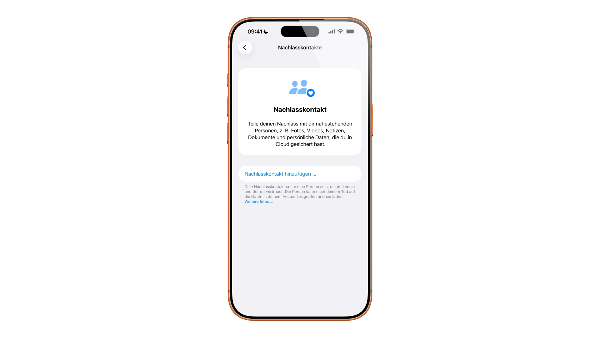 Apple Nachlasskontakt: iPhone zeigt den Übersichtsschirm mit der Option zum Hinzufügen eines Nachlasskontakts