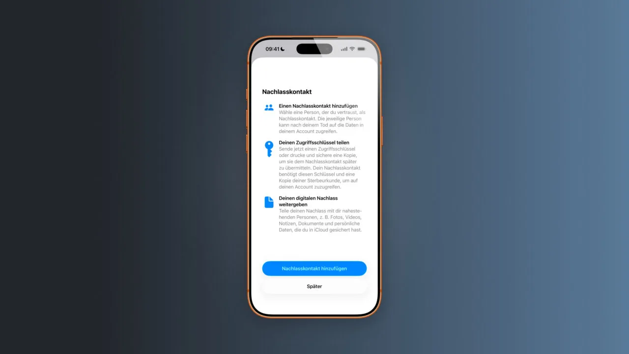 Apple Nachlasskontakt: iPhone zeigt den Einrichtungsdialog mit den drei Schritten und der Schaltfläche zum Hinzufügen