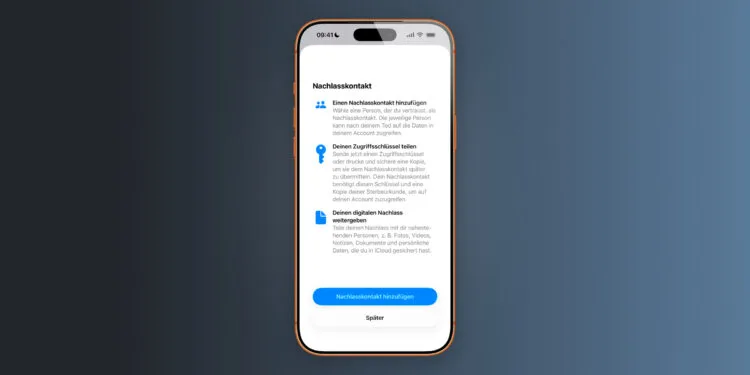 Apple Nachlasskontakt: iPhone zeigt den Einrichtungsdialog mit den drei Schritten und der Schaltfläche zum Hinzufügen