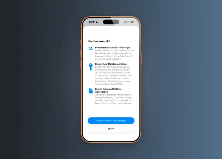 Apple Nachlasskontakt: iPhone zeigt den Einrichtungsdialog mit den drei Schritten und der Schaltfläche zum Hinzufügen