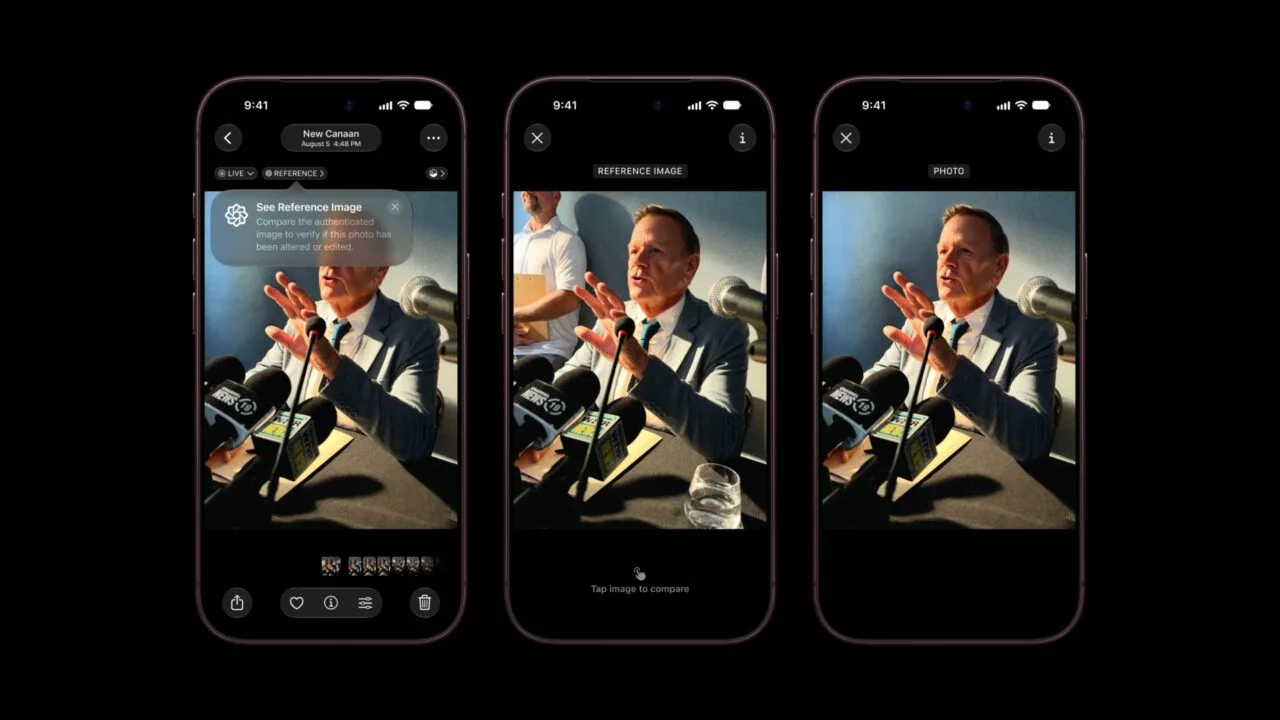 Drei iPhones zeigen Apple Referenzbild in der Fotos App: Hinweis auf das Referenzbild, das unveränderte Referenzbild und das bearbeitete Foto im Vergleich