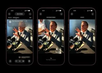 Drei iPhones zeigen Apple Referenzbild in der Fotos App: Hinweis auf das Referenzbild, das unveränderte Referenzbild und das bearbeitete Foto im Vergleich