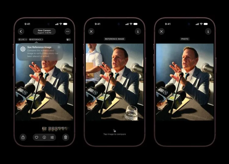Drei iPhones zeigen Apple Referenzbild in der Fotos App: Hinweis auf das Referenzbild, das unveränderte Referenzbild und das bearbeitete Foto im Vergleich