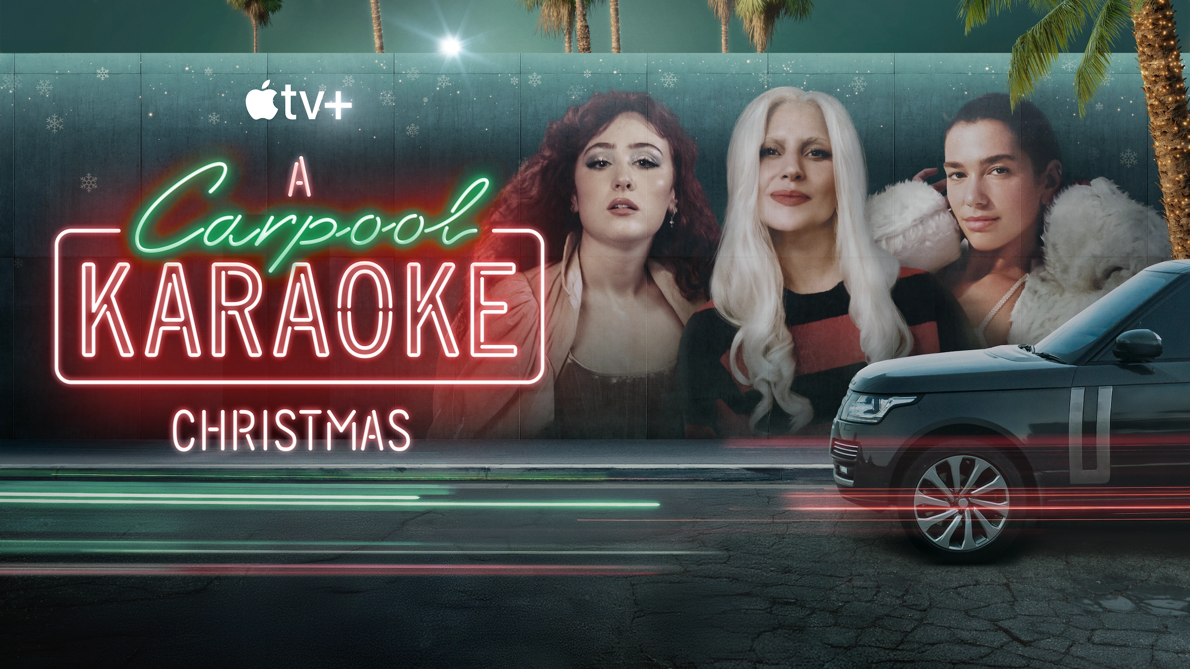 Key-Art zu A Carpool Karaoke Christmas mit Chappell Roan, Lady Gaga und Dua Lipa, Weihnachtsspecial im Katalog von Apple TV