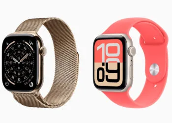 Zwei Apple Watch Modelle nebeneinander, eines in Gold mit Milanaise Armband und eines in Polarstern mit Sportarmband, zum Apple Watch Marktanteil von 20,1 Prozent