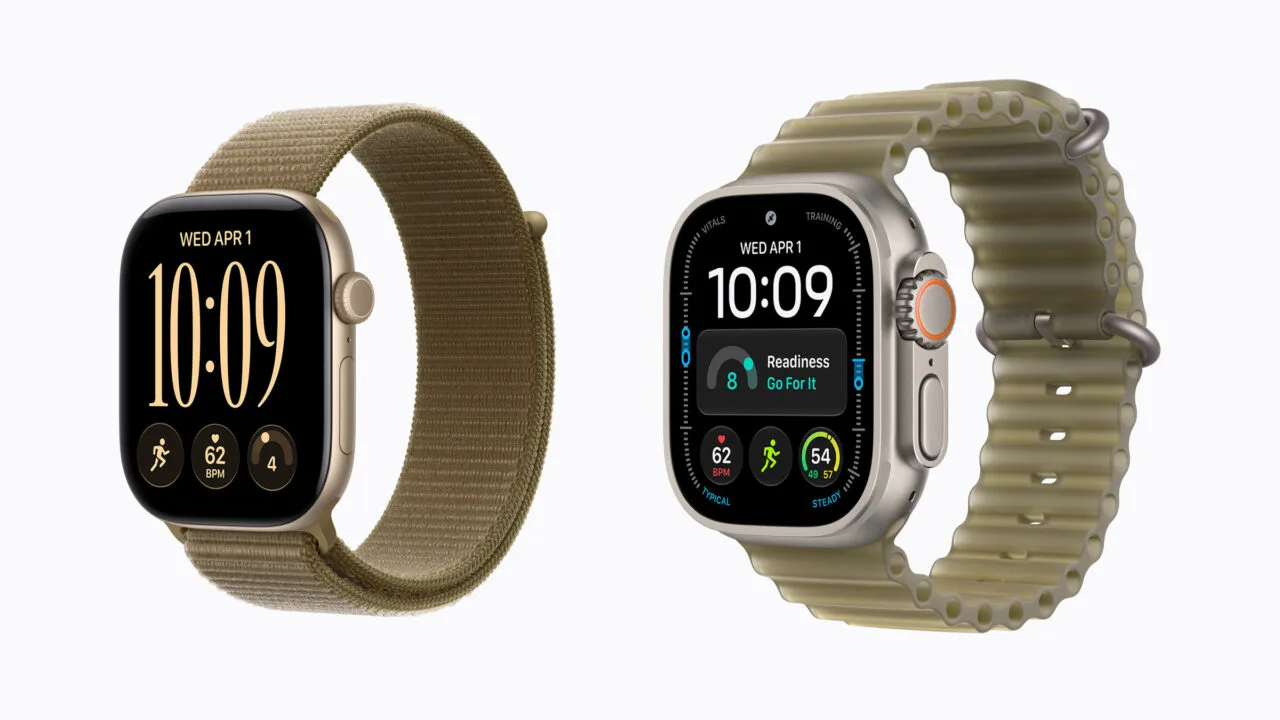 Apple Watch Series 12 mit Aluminiumgehäuse und Apple Watch Ultra 4 mit Titangehäuse nebeneinander, auf der Ultra 4 ist ein Readiness-Wert zu sehen