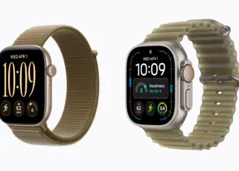Apple Watch Series 12 mit Aluminiumgehäuse und Apple Watch Ultra 4 mit Titangehäuse nebeneinander, auf der Ultra 4 ist ein Readiness-Wert zu sehen
