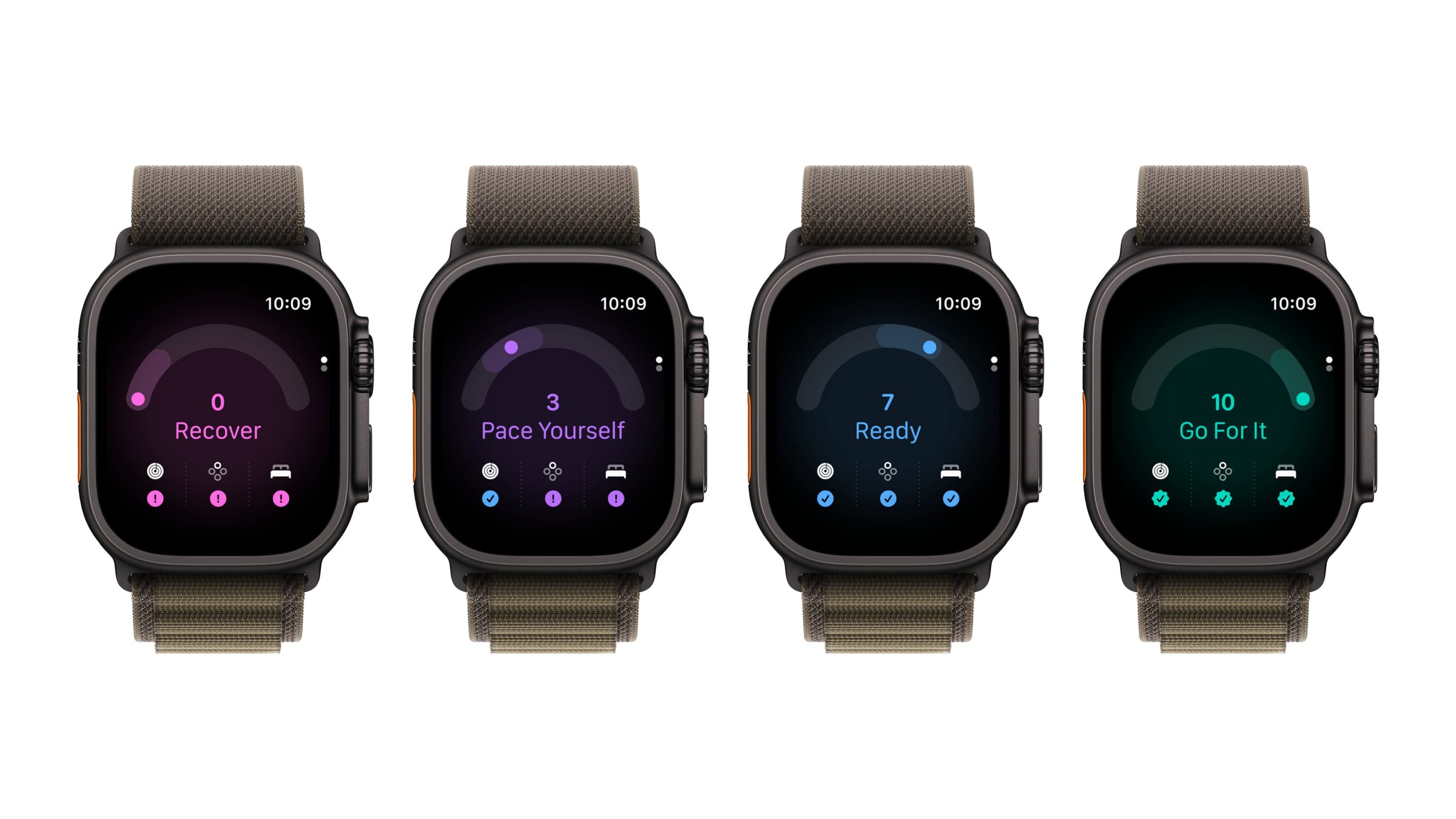 Four Apple Watch Ultra 4 side by side showing readiness scores of 0, 3, 7 and 10 with their recommendations