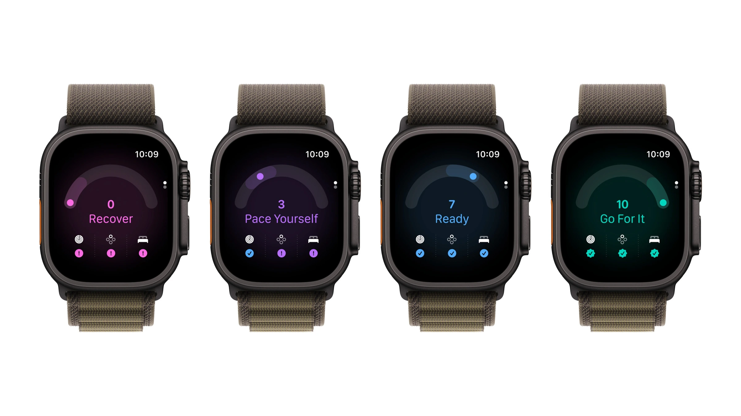 Vier Apple Watch Ultra 4 nebeneinander zeigen die Tagesformwerte 0, 3, 7 und 10 mit der jeweiligen Empfehlung