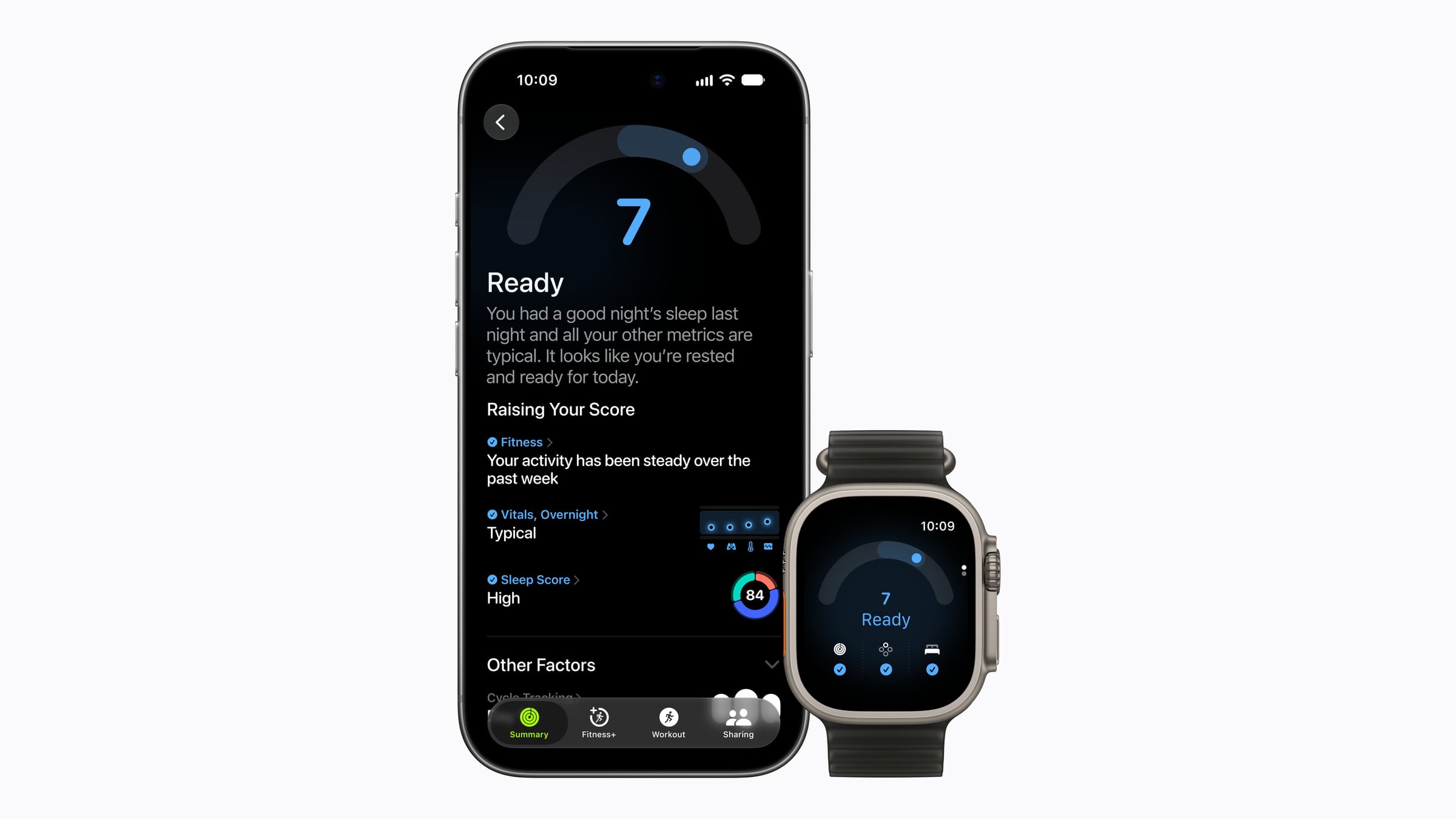 Apple Watch Ultra 4 showing the readiness score next to the Health app on iPhone