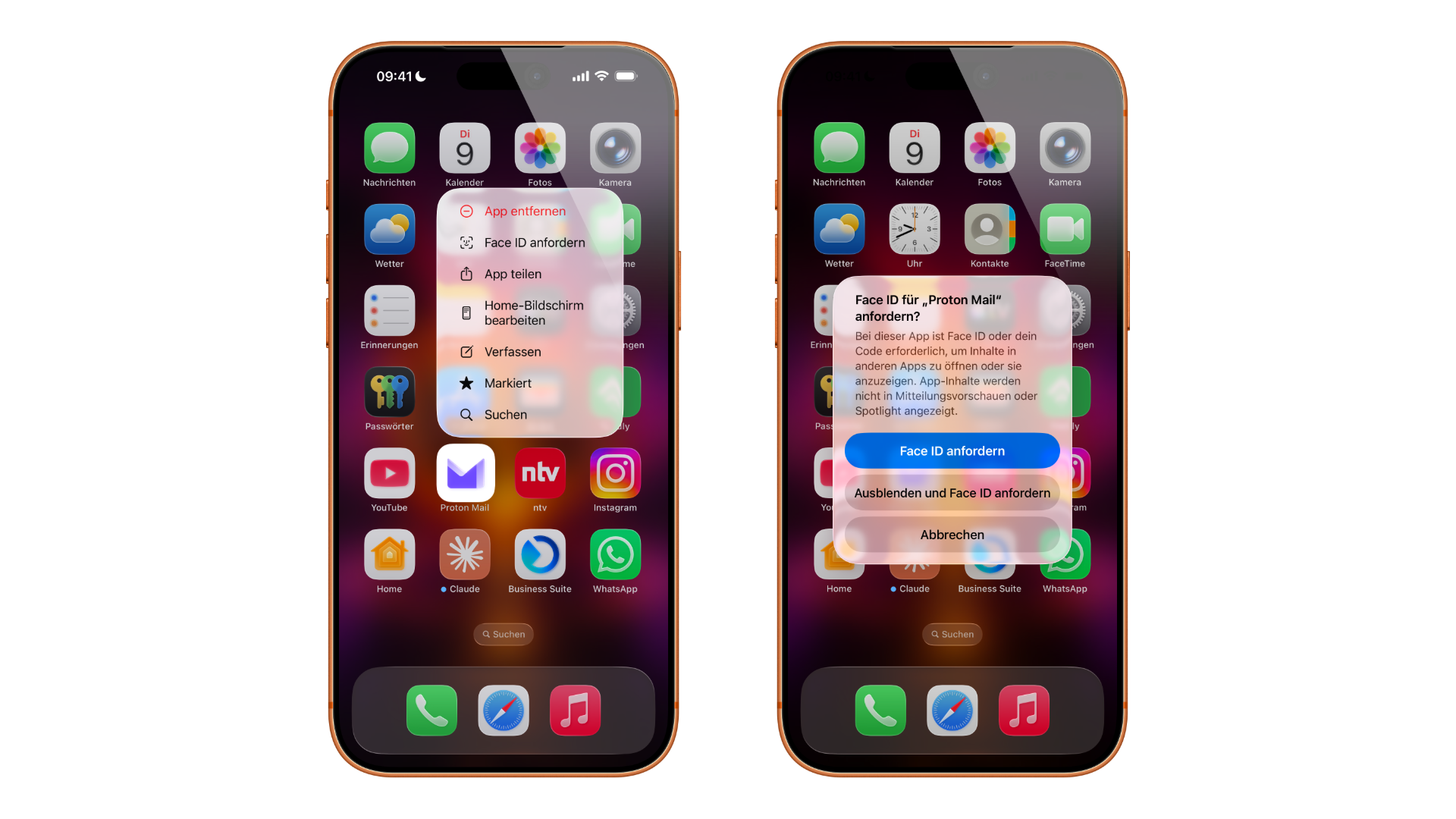 Lock apps on iPhone: quick actions menu of a mail app and the confirmation dialog
