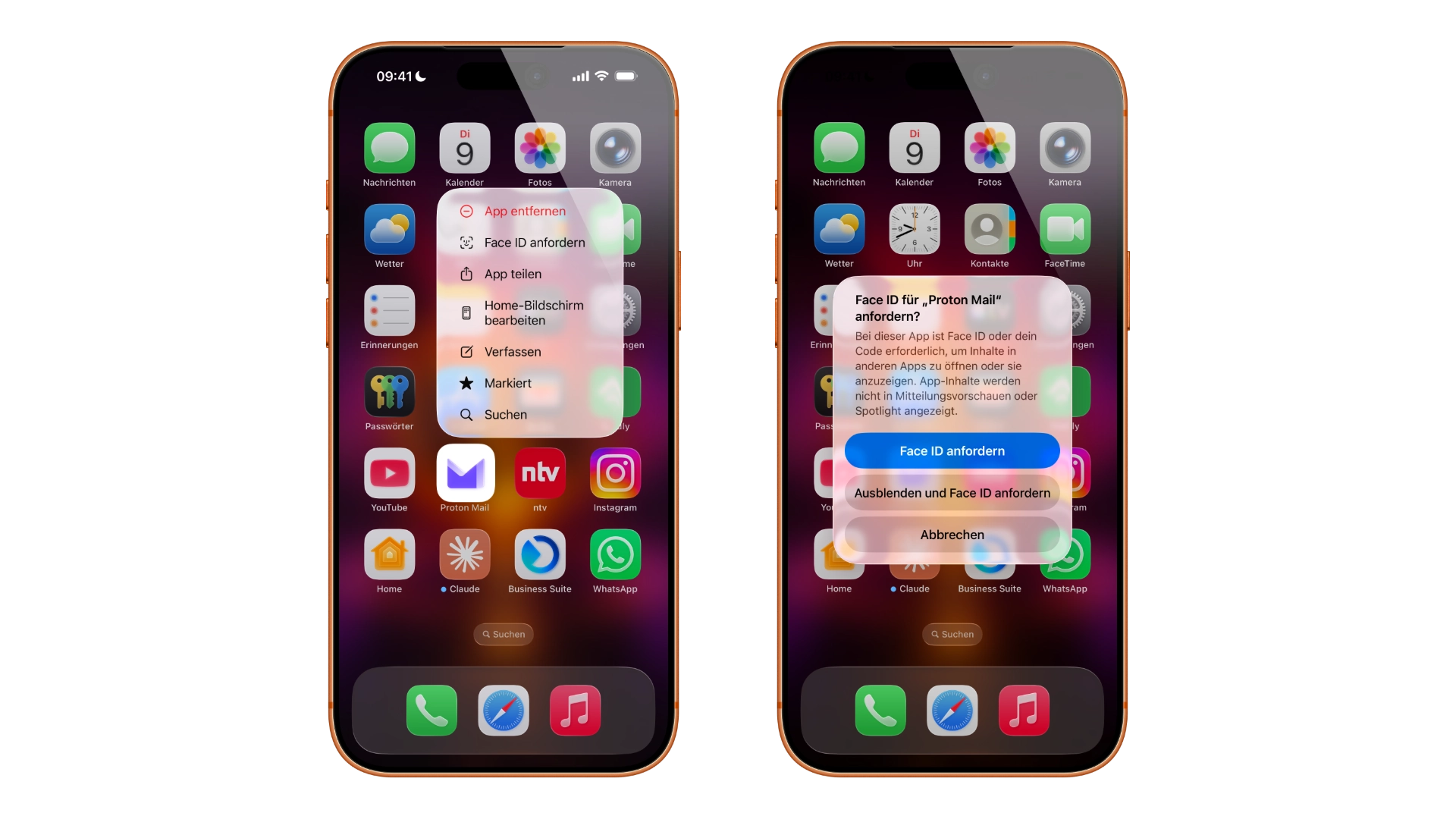 Apps sperren iPhone: Schnellaktionen-Menü einer E-Mail-App und der Bestätigungsdialog
