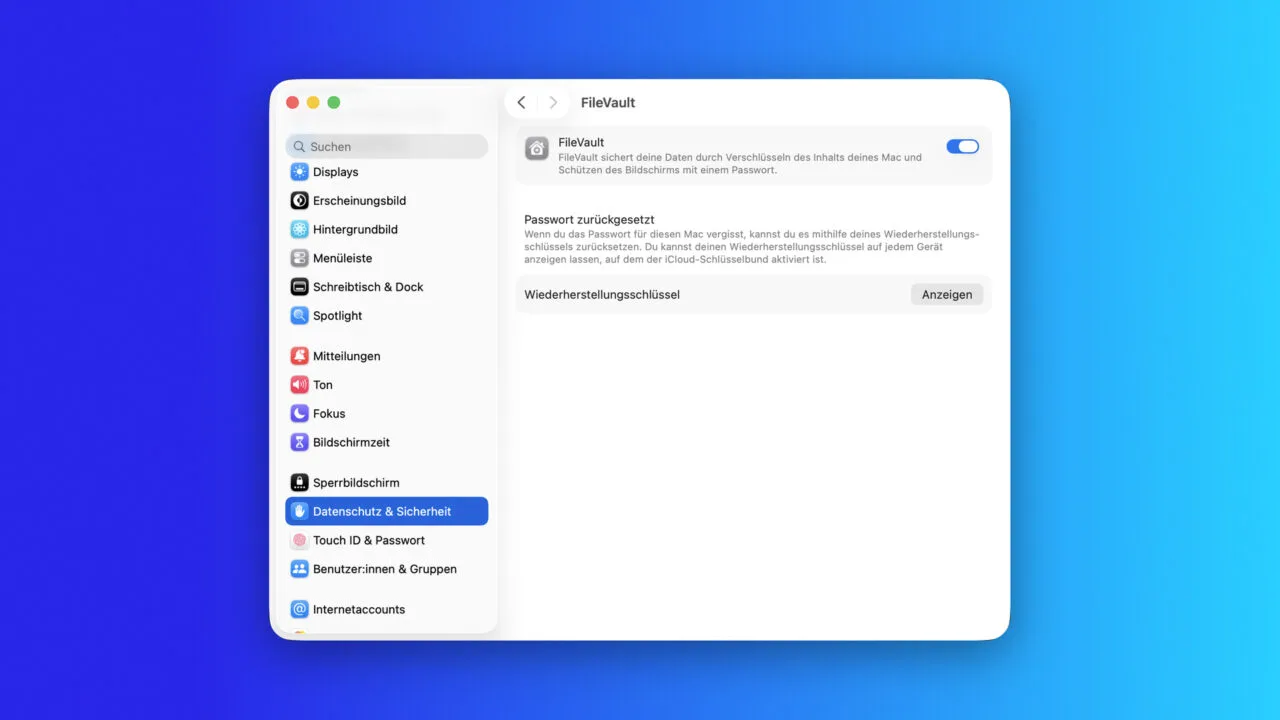 Aktiviertes FileVault mit Wiederherstellungsschlüssel in den macOS Systemeinstellungen
