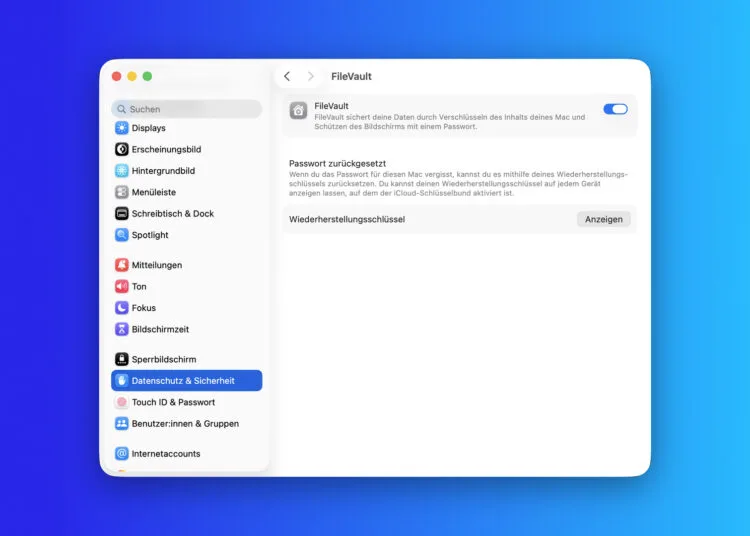 Aktiviertes FileVault mit Wiederherstellungsschlüssel in den macOS Systemeinstellungen