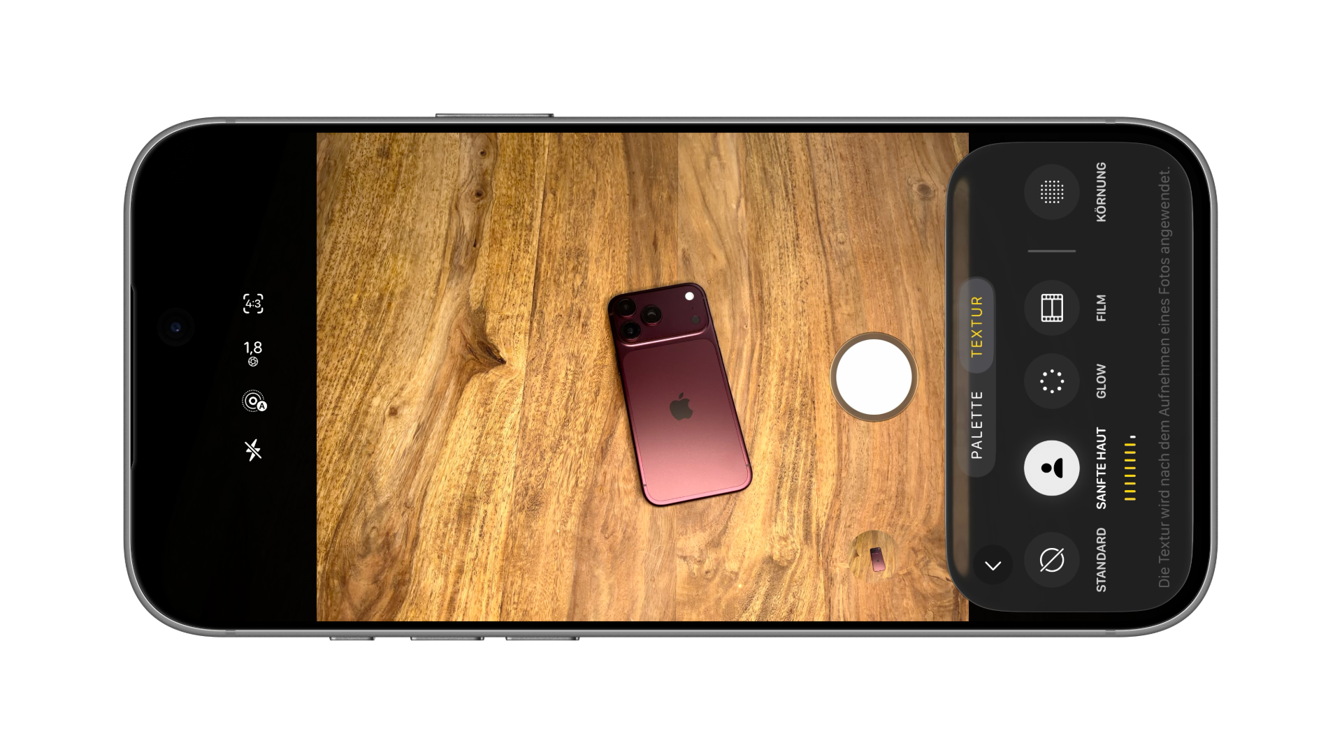 iPhone mockup of the iPhone 18 Pro Camera app: the Texture tab of Photographic Styles offers Standard, Soft Skin, Glow, Film and Grain