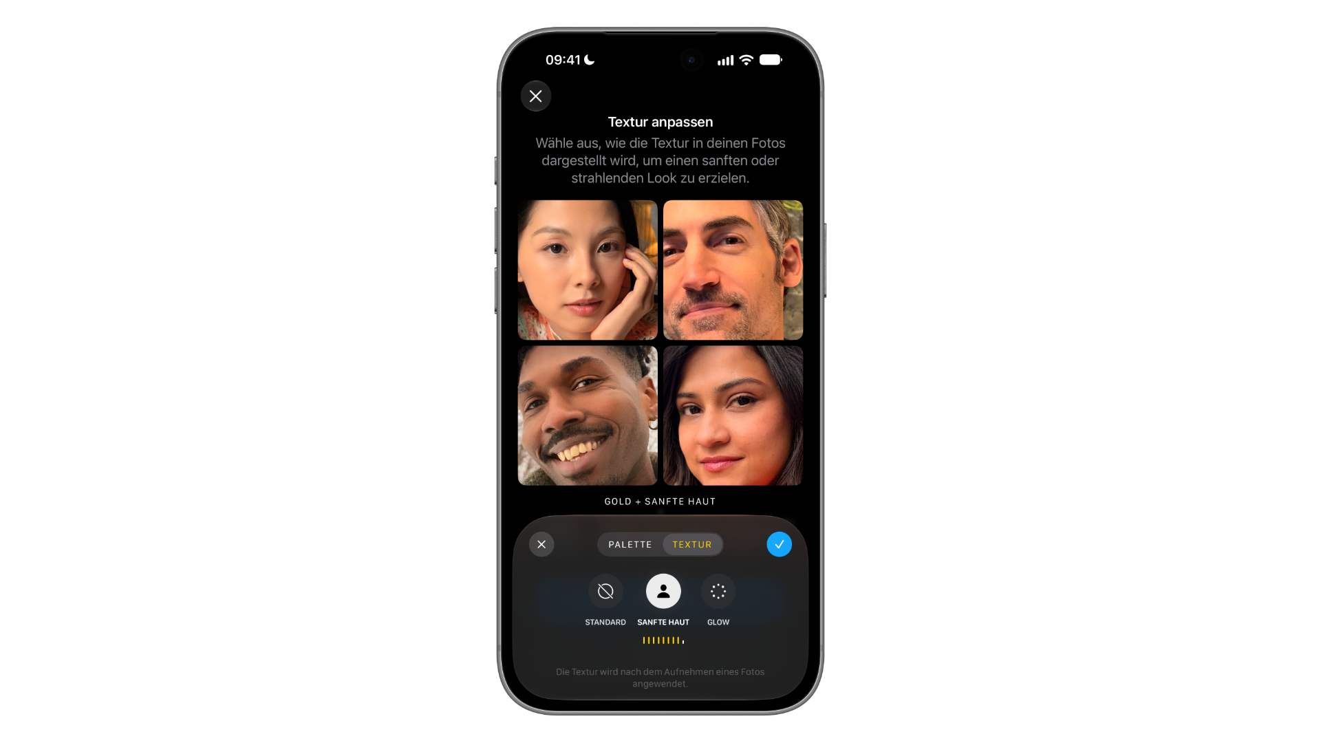Two iPhone mockups of Photographic Styles: on the left, Set Palette with the color pad and intensity slider; on the right, Adjust Texture with the Standard, Soft Skin and Glow options