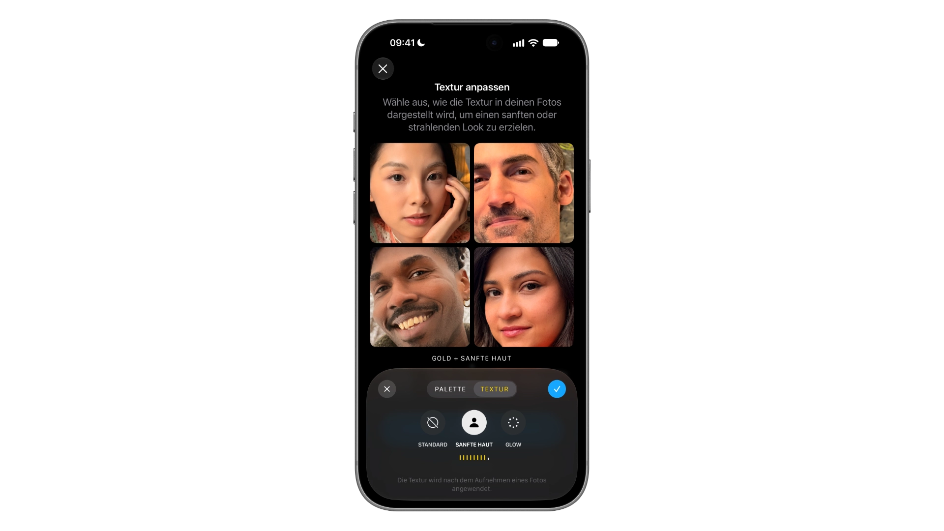 Zwei iPhone-Mockups zu den Fotografischen Stilen: links „Palette festlegen“ mit Farbfeld und Intensitätsregler, rechts „Textur anpassen“ mit den Optionen Standard, Sanfte Haut und Glow