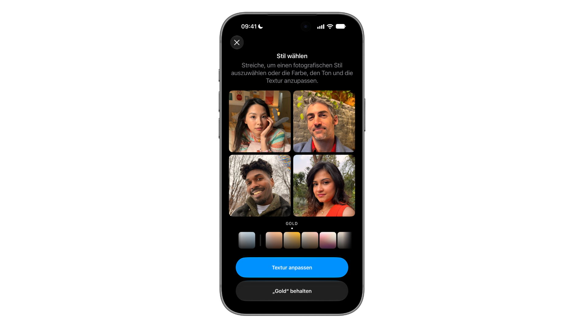iPhone mockup of the Photographic Styles setup: under Choose a Style, four sample portraits preview the selected style, with the style picker and the Adjust Texture button below