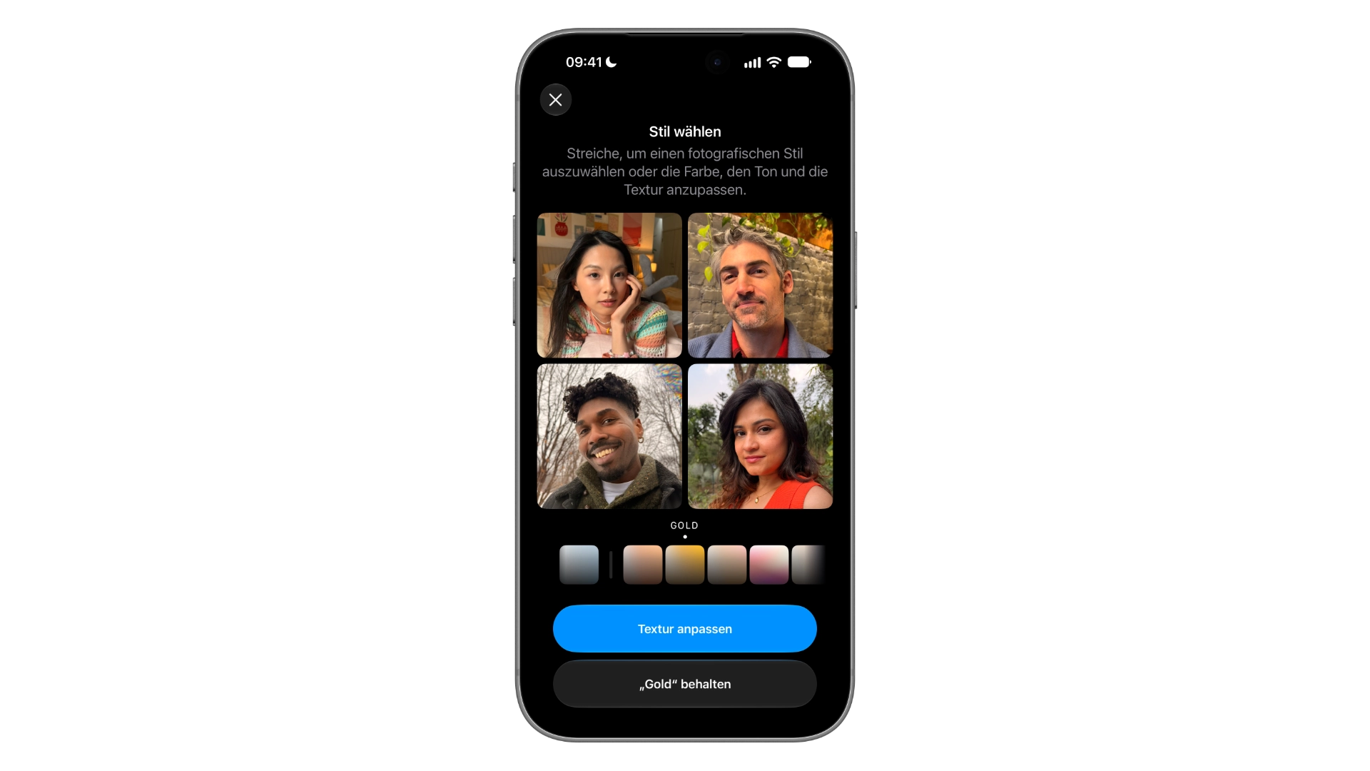 iPhone-Mockup mit der Einrichtung der Fotografischen Stile: Unter „Stil wählen“ zeigen vier Beispielporträts die Wirkung des gewählten Stils, darunter die Stilauswahl und die Schaltfläche „Textur anpassen“