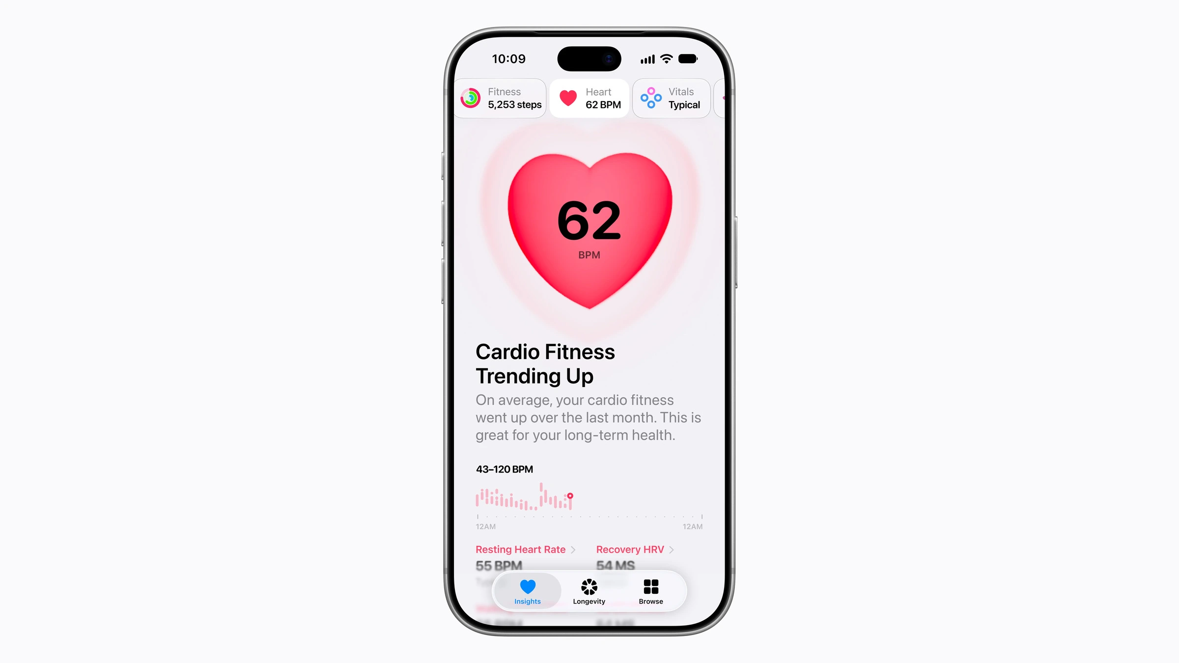 iPhone mit den Herzdaten der Health-App, angezeigt werden Herzfrequenz, Ruhepuls und Erholungs-HFV