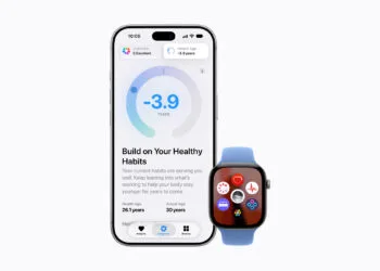iPhone mit dem Longevity-Bereich der Health-App und dem Health-Age-Wert, daneben eine Apple Watch mit Gesundheits-Apps