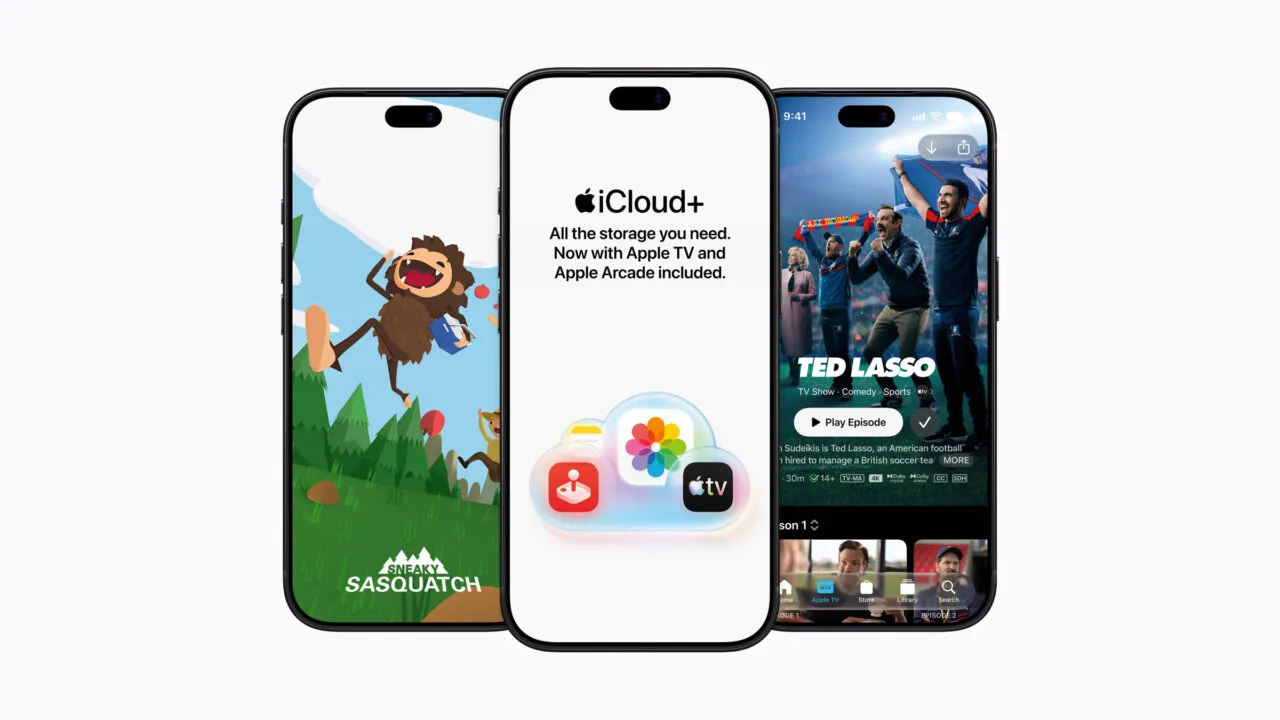 iCloud+ Apple TV Arcade: drei iPhones nebeneinander zeigen ein Arcade-Spiel, die iCloud+-Seite und die Apple-TV-App