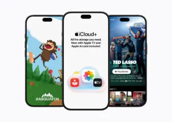 iCloud+ Apple TV Arcade: drei iPhones nebeneinander zeigen ein Arcade-Spiel, die iCloud+-Seite und die Apple-TV-App
