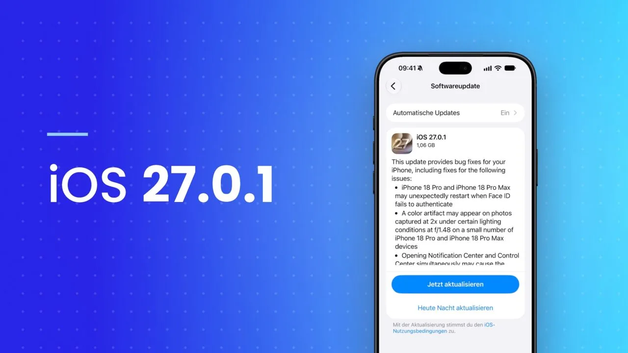 iPhone zeigt die Einstellungen zum Softwareupdate mit iOS 27.0.1 und dem Button zum Aktualisieren