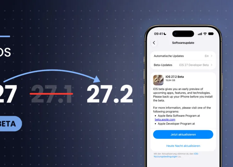 iOS 27.1 Beta: Versionsreihe 27, durchgestrichenes 27.1 und 27.2 mit Pfeil über die übersprungene Version, daneben ein iPhone mit dem Softwareupdate auf iOS 27.2 Beta