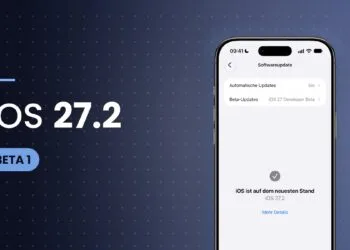iOS 27.2 Beta 1 Neuerungen: Schriftzug iOS 27.2 mit Beta-1-Kennzeichnung neben einem iPhone mit der Meldung, dass iOS 27.2 auf dem neuesten Stand ist