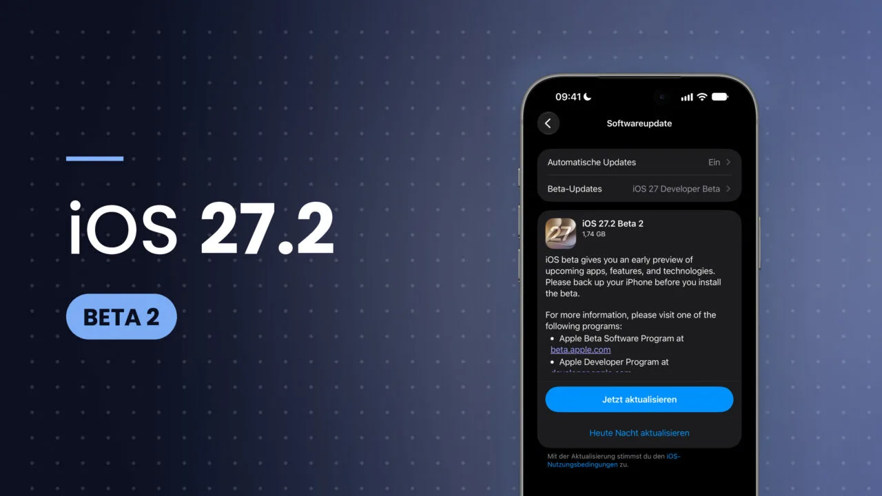 iPhone zeigt die Einstellungen zum Softwareupdate mit iOS 27.2 Beta 2 und dem Button zum Aktualisieren
