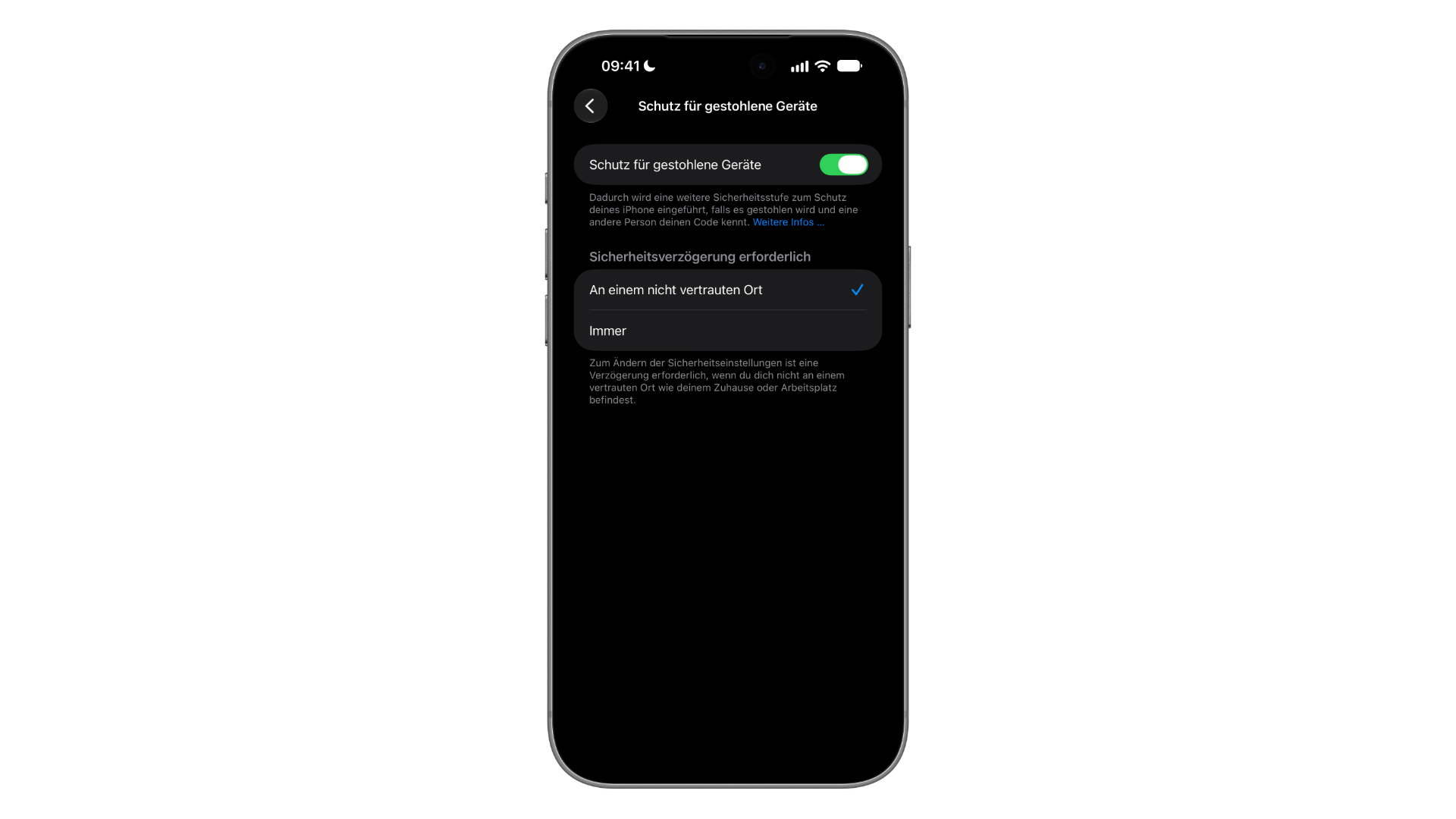 Stolen Device Protection in the iPhone settings with the security delay set to unfamiliar locations, the existing complement to the planned iPhone theft lock