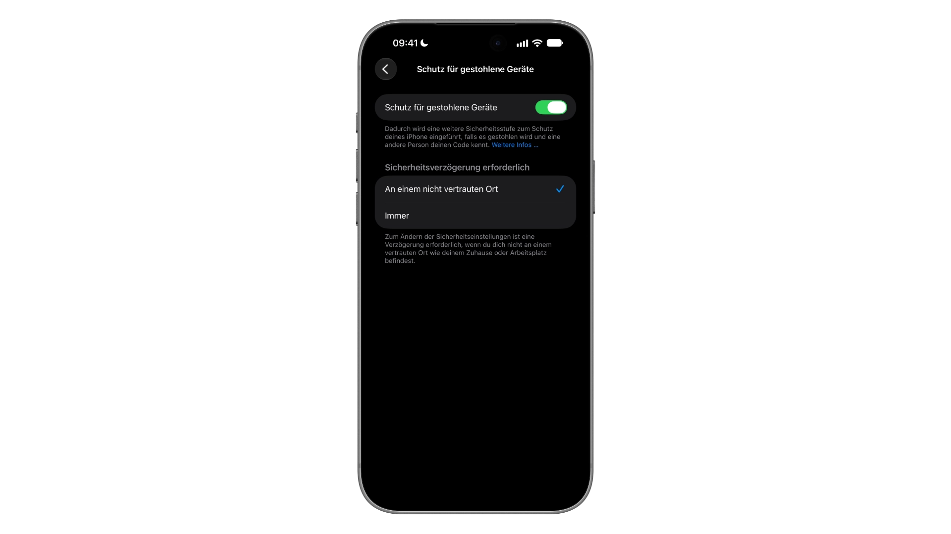 Schutz für gestohlene Geräte in den iPhone-Einstellungen mit Sicherheitsverzögerung an einem nicht vertrauten Ort, die bestehende Ergänzung zur geplanten iPhone Diebstahlsperre