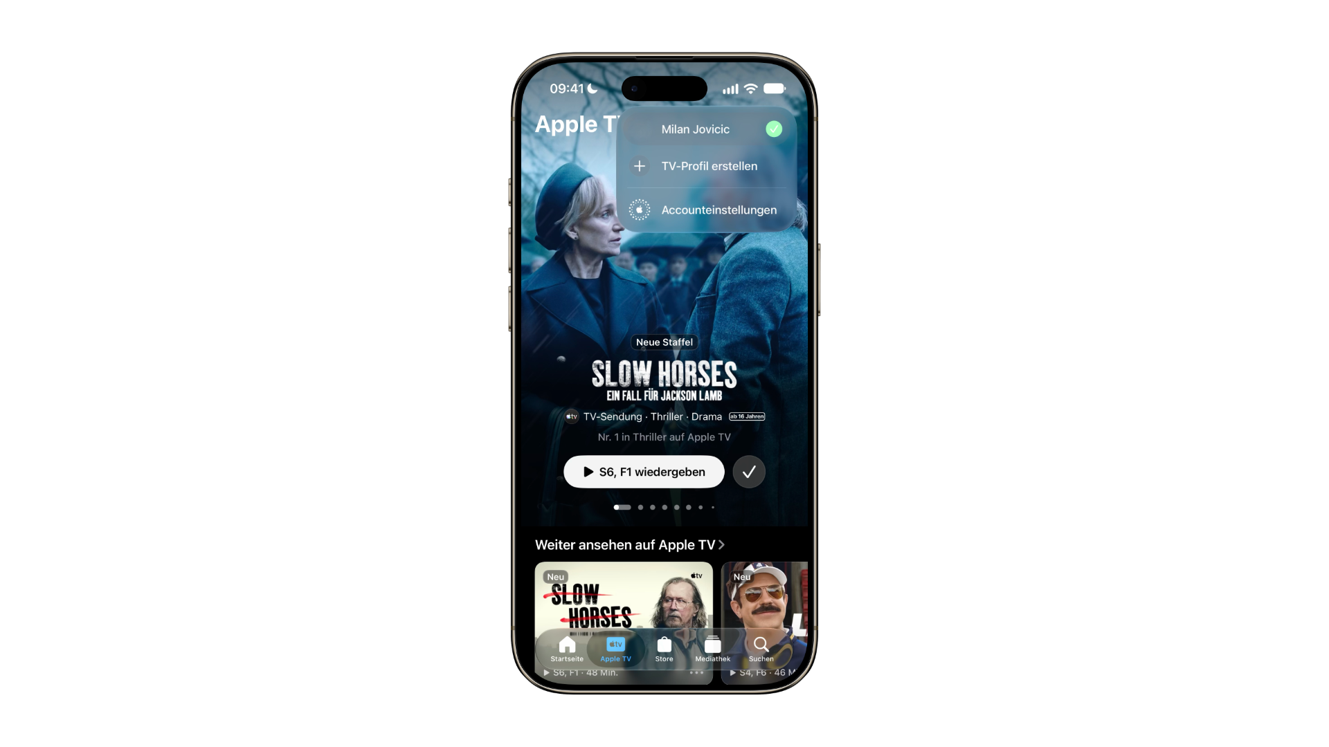 iOS 27.2 Apple TV profiles: profile menu of the Apple TV app on iPhone with the options to create a TV profile and open account settings
