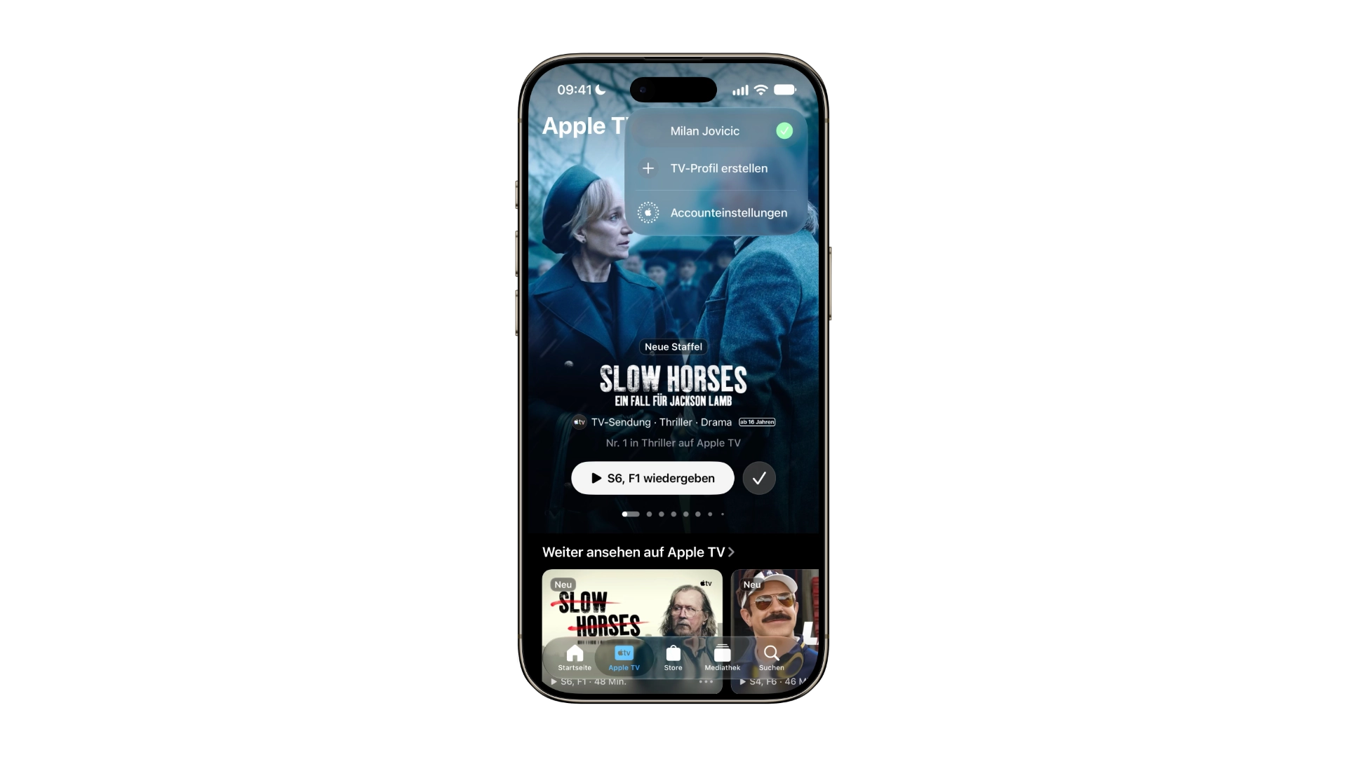 iOS 27.2 Apple TV Profile: Profilmenü der Apple TV App auf dem iPhone mit den Einträgen TV-Profil erstellen und Accounteinstellungen